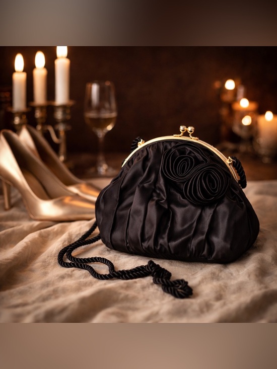 Liz Claiborne Handbags - Liz Claiborne Black Satin Evening Bag ✧ Frame Clutch ✧ Gold Hardware ✧ Vintage